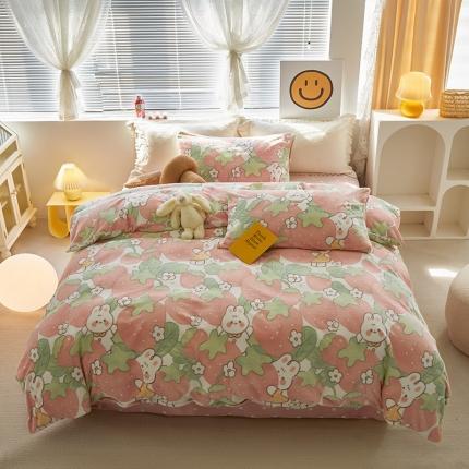 怡家居 2022秋冬高克重牛奶绒印花四件套 莓园小兔