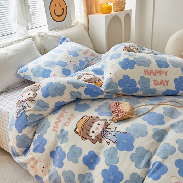 91家纺网 家纺一手货源 找家纺 怡家居 2022秋冬高克重牛奶绒印花四件套 野餐日