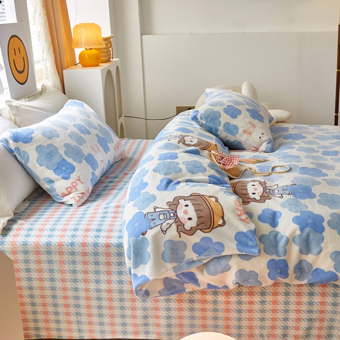 91家纺网 家纺一手货源 找家纺 怡家居 2022秋冬高克重牛奶绒印花四件套 野餐日