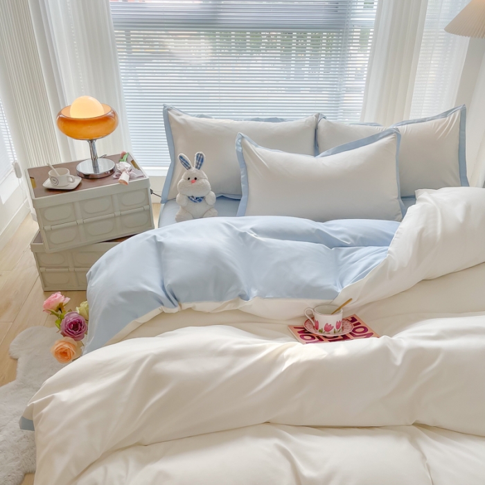 91家纺网 家纺一手货源 找家纺 雨帆家纺 2022新款ins亲肤磨毛双拼四件套 白蓝