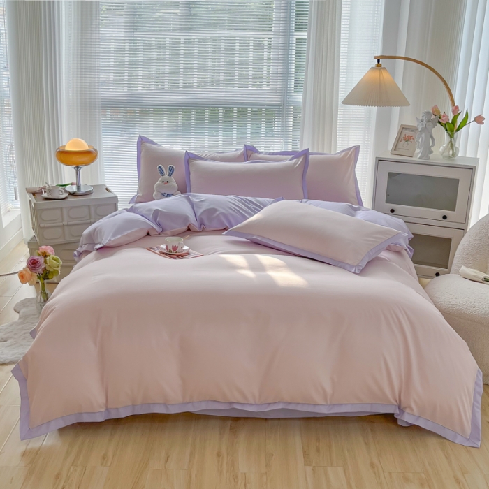 91家纺网 家纺一手货源 找家纺 雨帆家纺 2022新款ins亲肤磨毛双拼四件套 粉紫