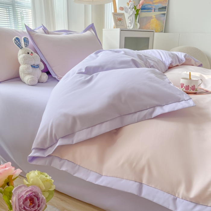 91家纺网 家纺一手货源 找家纺 雨帆家纺 2022新款ins亲肤磨毛双拼四件套 粉紫