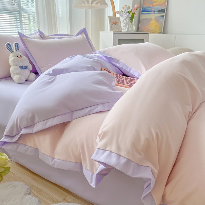 91家纺网 家纺一手货源 找家纺 雨帆家纺 2022新款ins亲肤磨毛双拼四件套 粉紫