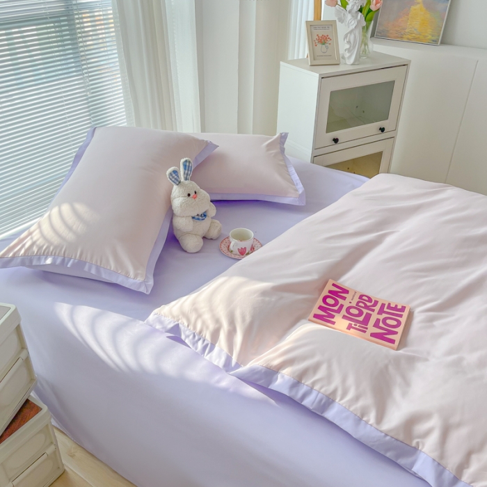 91家纺网 家纺一手货源 找家纺 雨帆家纺 2022新款ins亲肤磨毛双拼四件套 粉紫