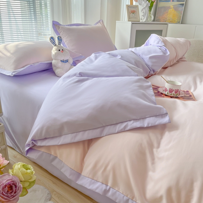 91家纺网 家纺一手货源 找家纺 雨帆家纺 2022新款ins亲肤磨毛双拼四件套 粉紫