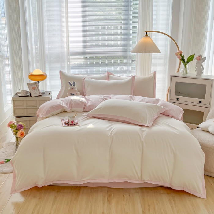 91家纺网 家纺一手货源 找家纺 雨帆家纺 2022新款ins亲肤磨毛双拼四件套 少女粉