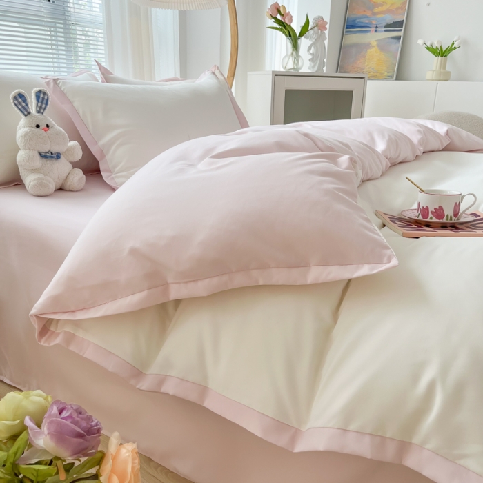 91家纺网 家纺一手货源 找家纺 雨帆家纺 2022新款ins亲肤磨毛双拼四件套 少女粉