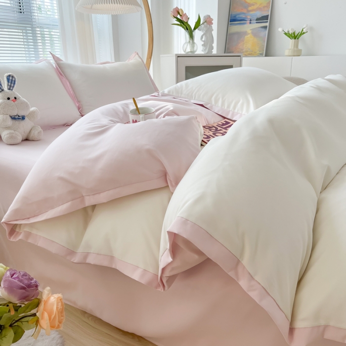 91家纺网 家纺一手货源 找家纺 雨帆家纺 2022新款ins亲肤磨毛双拼四件套 少女粉