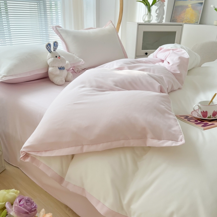 91家纺网 家纺一手货源 找家纺 雨帆家纺 2022新款ins亲肤磨毛双拼四件套 少女粉