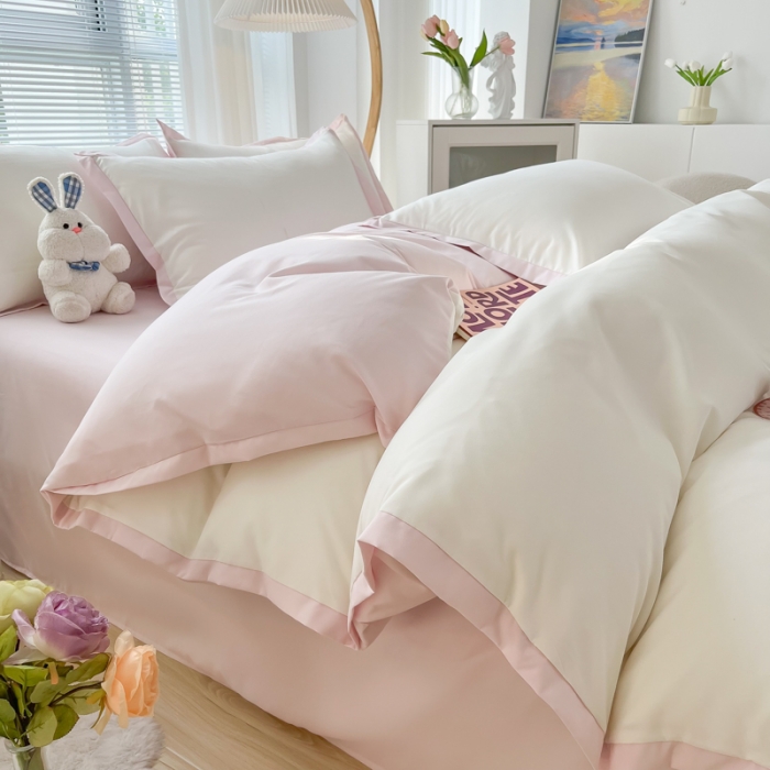 91家纺网 家纺一手货源 找家纺 雨帆家纺 2022新款ins亲肤磨毛双拼四件套 少女粉