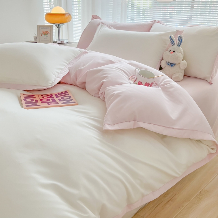 91家纺网 家纺一手货源 找家纺 雨帆家纺 2022新款ins亲肤磨毛双拼四件套 少女粉