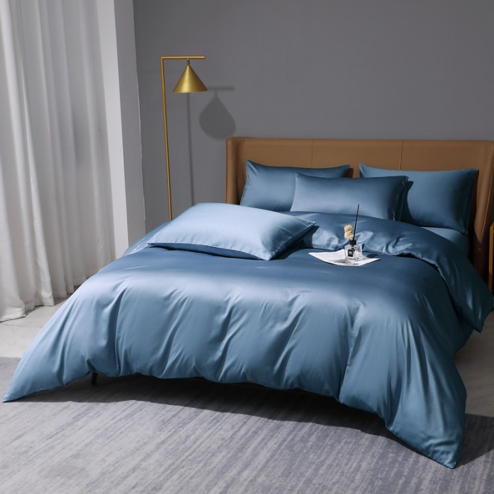 91家纺网 家纺一手货源 找家纺 2022纯色纯棉50支双股贡缎长绒棉多规格四件套纯沐-天青蓝