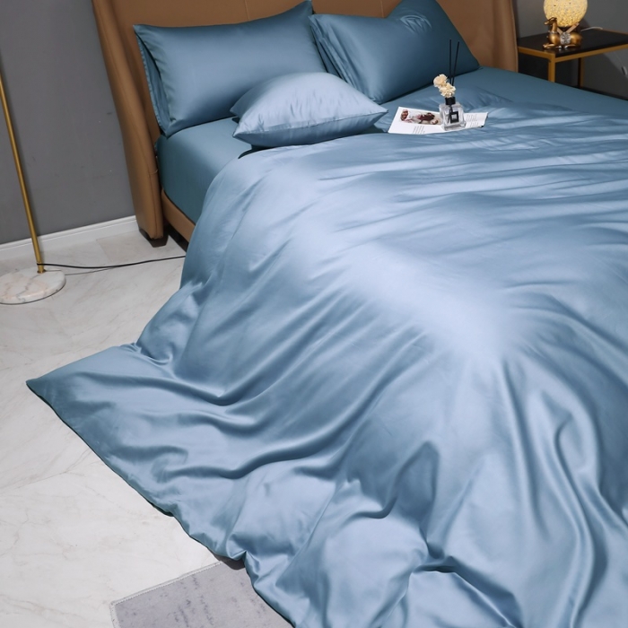 91家纺网 家纺一手货源 找家纺 2022纯色纯棉50支双股贡缎长绒棉多规格四件套纯沐-天青蓝