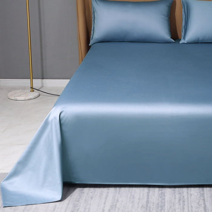 91家纺网 家纺一手货源 找家纺 2022新款纯棉50支双股贡缎长绒棉纯色单床单纯沐-天青蓝