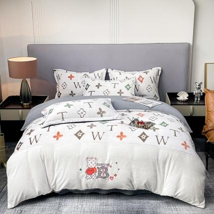 91家纺网 家纺一手货源 找家纺 （总）苹果星2022新款印花加绣花牛奶绒轻奢简约小清新四件套