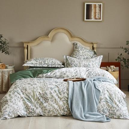 91家纺网 家纺一手货源 找家纺 由丽 2025全棉铂金棉精梳臻棉印花四件套被套绿茵-米白