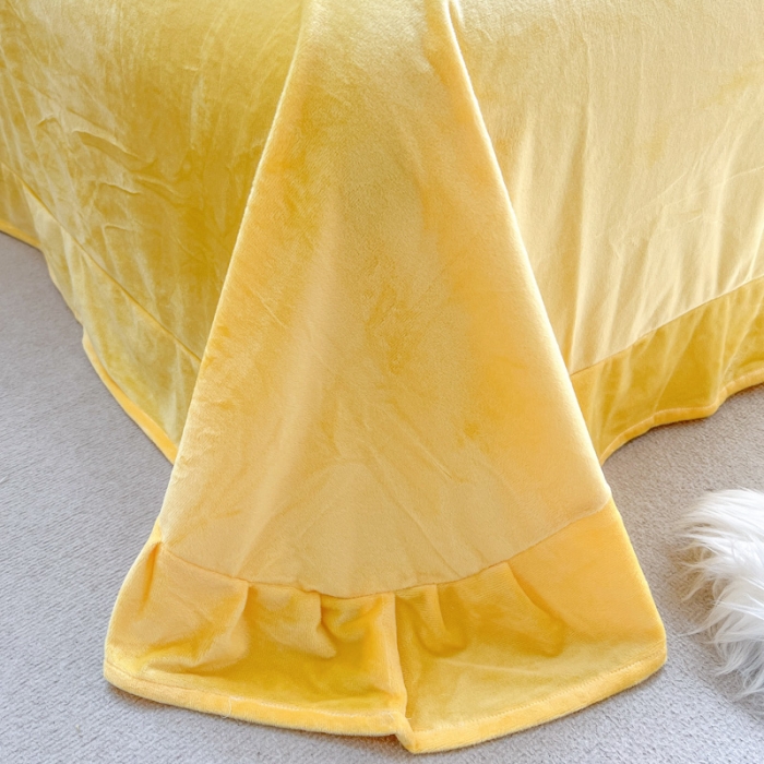 91家纺网 家纺一手货源 找家纺 淑女公社22秋冬新款豆豆绒牛奶绒兔毛花边蝴蝶结款四件套活力黄