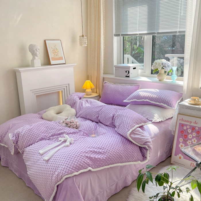 91家纺网 家纺一手货源 找家纺 淑女公社22秋冬新款豆豆绒牛奶绒兔毛花边蝴蝶结款四件套魅力紫