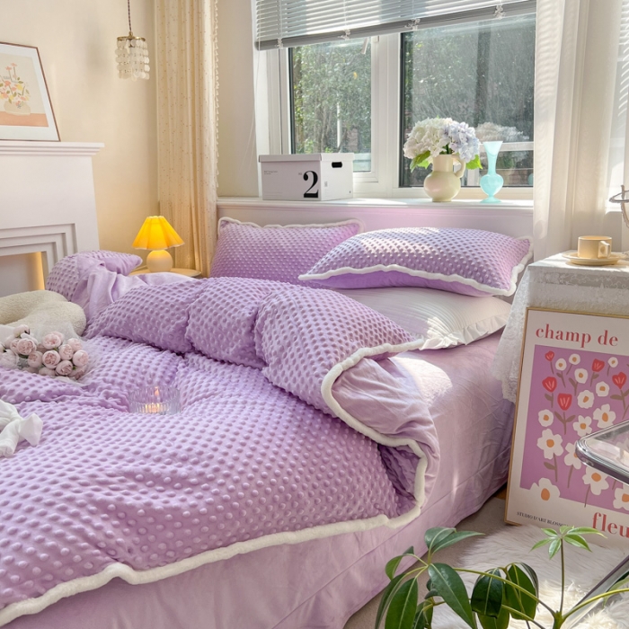 91家纺网 家纺一手货源 找家纺 淑女公社22秋冬新款豆豆绒牛奶绒兔毛花边蝴蝶结款四件套魅力紫