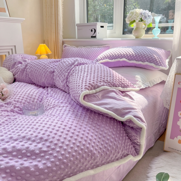 91家纺网 家纺一手货源 找家纺 淑女公社22秋冬新款豆豆绒牛奶绒兔毛花边蝴蝶结款四件套魅力紫