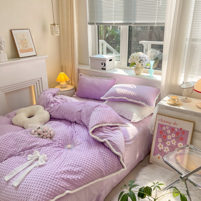 91家纺网 家纺一手货源 找家纺 淑女公社22秋冬新款豆豆绒牛奶绒兔毛花边蝴蝶结款四件套魅力紫