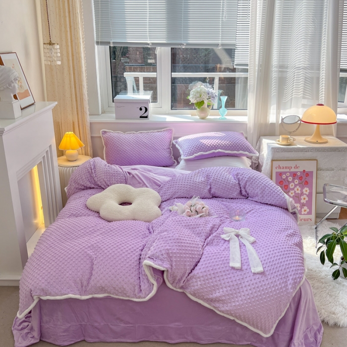 91家纺网 家纺一手货源 找家纺 淑女公社22秋冬新款豆豆绒牛奶绒兔毛花边蝴蝶结款四件套魅力紫