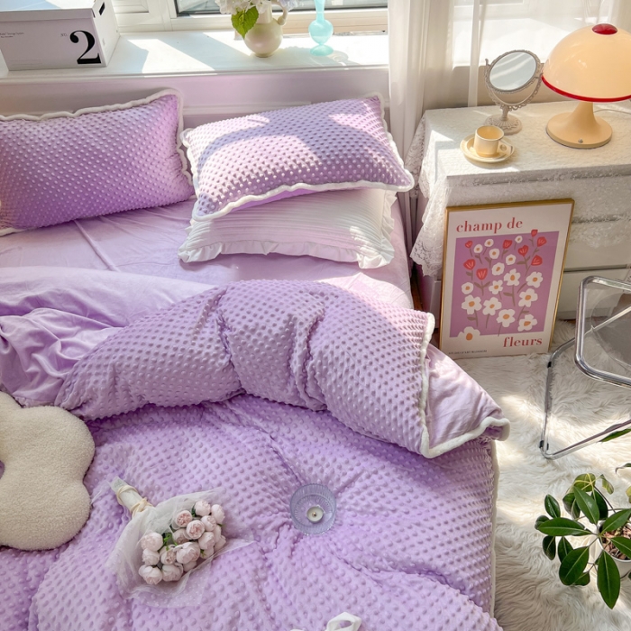 91家纺网 家纺一手货源 找家纺 淑女公社22秋冬新款豆豆绒牛奶绒兔毛花边蝴蝶结款四件套魅力紫