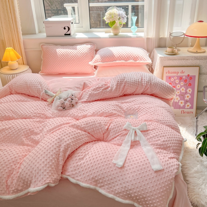 91家纺网 家纺一手货源 找家纺 总淑女公社22秋冬新款豆豆绒牛奶绒兔毛花边蝴蝶结款四件套