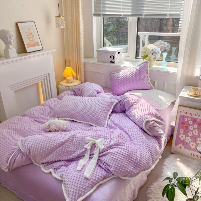 91家纺网 家纺一手货源 找家纺 淑女公社22秋冬新款豆豆绒牛奶绒兔毛花边蝴蝶结款四件套魅力紫