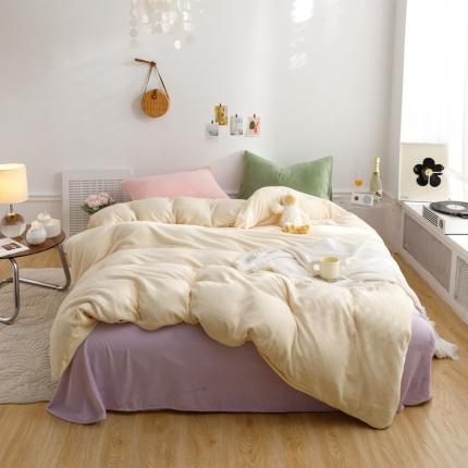 珺柔 2023年新款双拼色纯色牛奶绒四件套 双拼米黄紫