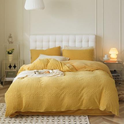 91家纺网 家纺一手货源 找家纺 寐眠 2022新款牛奶绒剪花四件套 柠檬黄