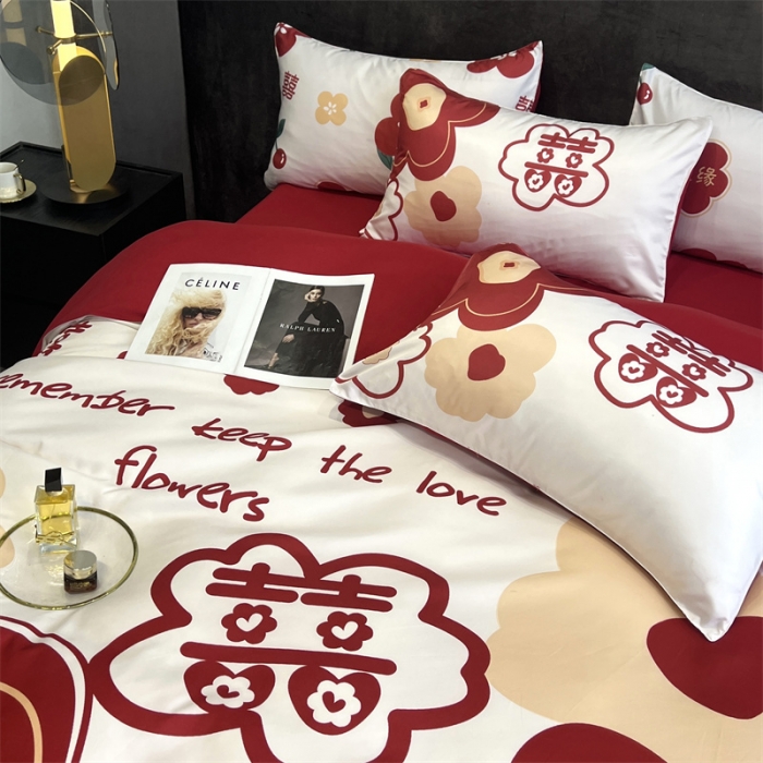 91家纺网 家纺一手货源 找家纺 优悦2022新款婚庆印花（超柔磨毛）系列四件套 欢喜