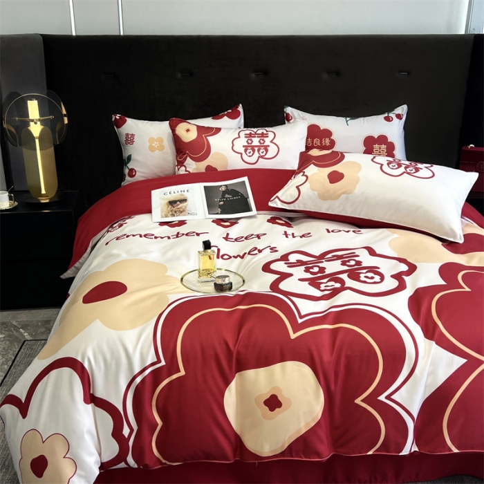 91家纺网 家纺一手货源 找家纺 优悦2022新款婚庆印花（超柔磨毛）系列四件套 欢喜