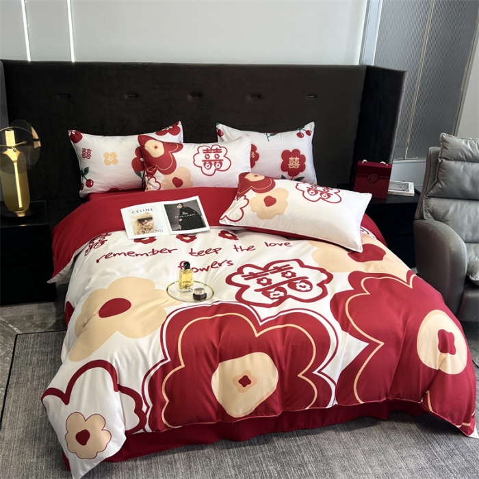 91家纺网 家纺一手货源 找家纺 优悦2022新款婚庆印花（超柔磨毛）系列四件套 欢喜