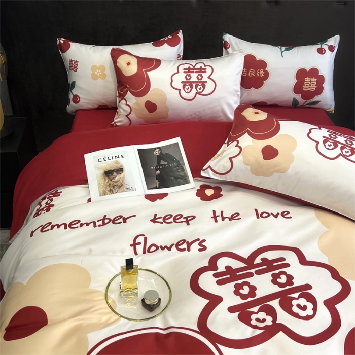91家纺网 家纺一手货源 找家纺 优悦2022新款婚庆印花（超柔磨毛）系列四件套 欢喜