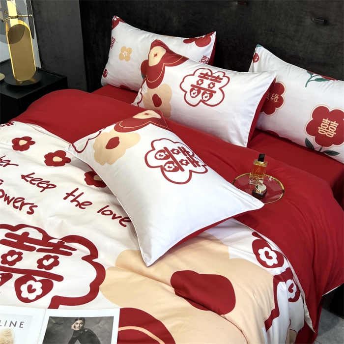 91家纺网 家纺一手货源 找家纺 优悦2022新款婚庆印花（超柔磨毛）系列四件套 欢喜