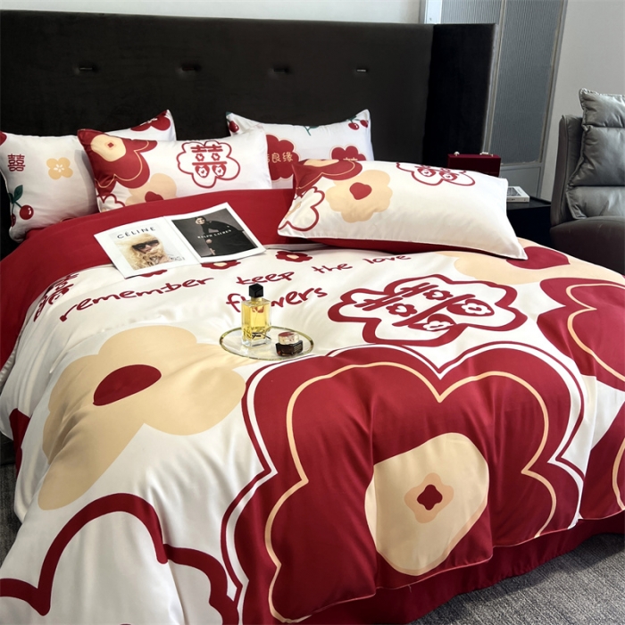 91家纺网 家纺一手货源 找家纺 优悦2022新款婚庆印花（超柔磨毛）系列四件套 欢喜