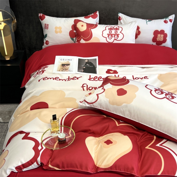 91家纺网 家纺一手货源 找家纺 优悦2022新款婚庆印花（超柔磨毛）系列四件套 欢喜