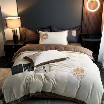 91家纺网 家纺一手货源 找家纺 （总）网客 2024新款牛奶绒四件套拼色绣花系列