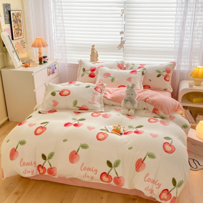 91家纺网 家纺一手货源 找家纺 上尚居 2022新款加厚保暖牛奶绒四件套 美味樱桃-米