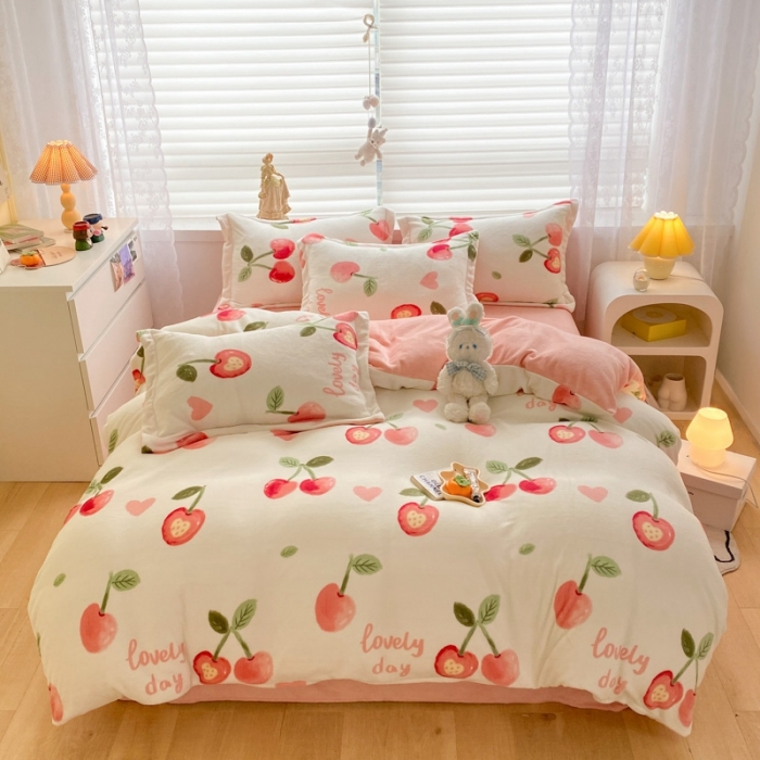 91家纺网 家纺一手货源 找家纺 上尚居 2022新款加厚保暖牛奶绒四件套 美味樱桃-米