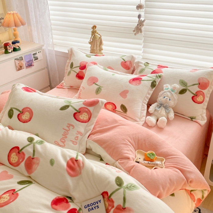 91家纺网 家纺一手货源 找家纺 上尚居 2022新款加厚保暖牛奶绒四件套 美味樱桃-米