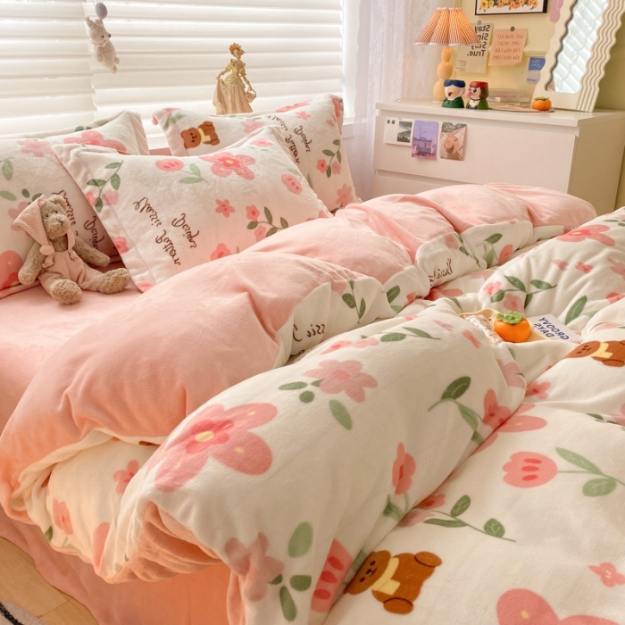 91家纺网 家纺一手货源 找家纺 上尚居 2022新款加厚保暖牛奶绒四件套 悠悠花园-粉