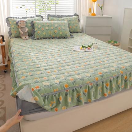 91家纺网 家纺一手货源 找家纺 （总）家之硕2022新款印花牛奶绒夹棉绗缝花边款床笠三件套