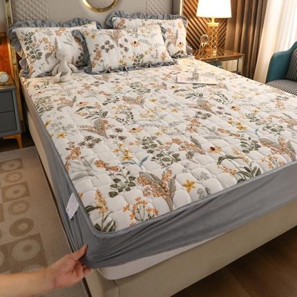 91家纺网 家纺一手货源 找家纺 家之硕2022新款印花牛奶绒夹棉绗缝花边款床笠三件套 炫彩