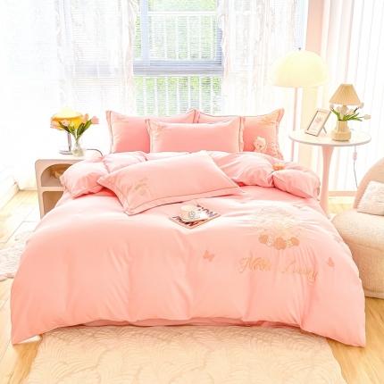 91家纺网 家纺一手货源 找家纺 优选 2022新款韩版四季棉刺绣床笠加厚四件套莫奈花园-粉