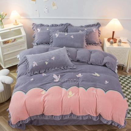 91家纺网 家纺一手货源 找家纺 （总）优姿家纺 2022新品牛奶绒贴边绣花荷叶花边保暖四件套