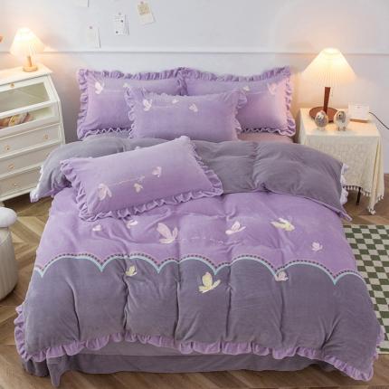 91家纺网 家纺一手货源 找家纺 （总）优姿家纺 2022新品牛奶绒贴边绣花荷叶花边保暖四件套