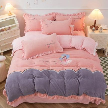 91家纺网 家纺一手货源 找家纺 （总）优姿家纺 2022新品牛奶绒贴边绣花荷叶花边保暖四件套