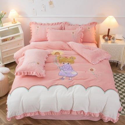 91家纺网 家纺一手货源 找家纺 （总）优姿家纺 2022新品牛奶绒贴边绣花荷叶花边保暖四件套